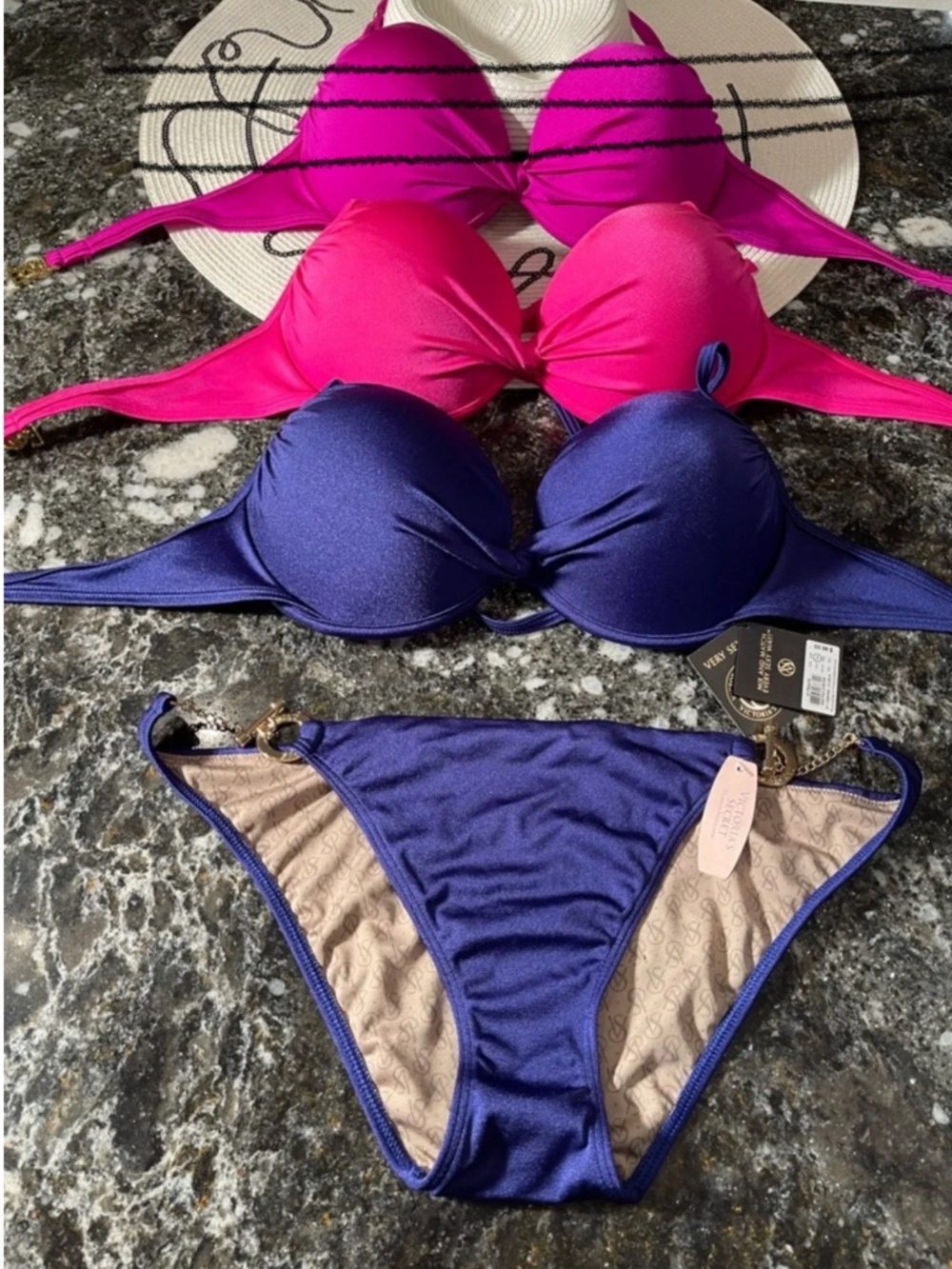 Lot of 2 VS vintage twist push-up bikini tops and one pair of matching bottoms